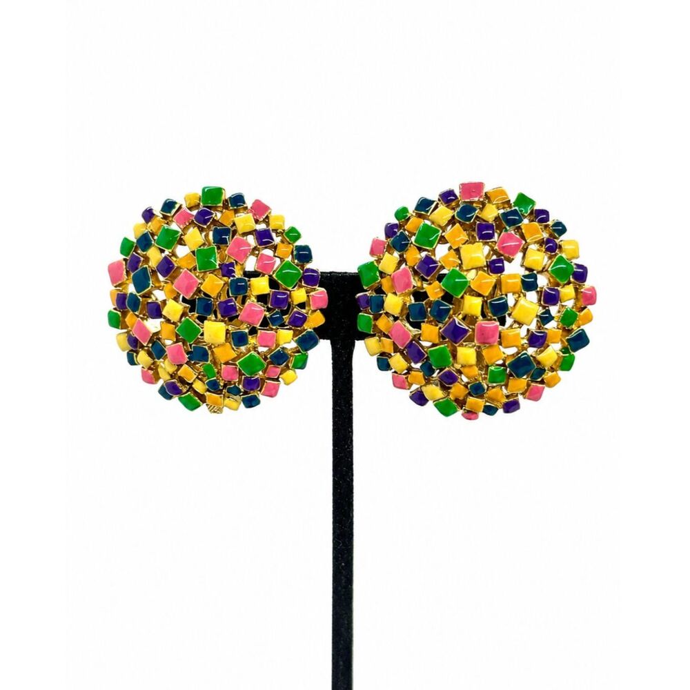 VINTAGE CRAFT EARRINGS Colorful Enamel Mosaic Clip On Statement Gold Tone